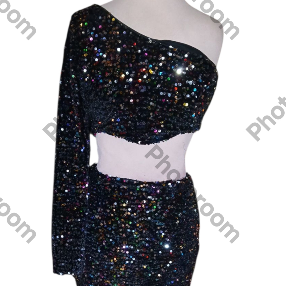 Black Sequin Tpp And Matching Skirt Set